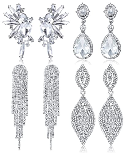 Kakonia 4 Paare Clip Auf Ohrringe Für Frauen Mädchen Elegante Erklärung Silber Kristall Strass Dangle Ohrringe Hochzeit Prom Für Braut Brautjungfer Nicht Pierced Clip Ohrringe Set von Kakonia