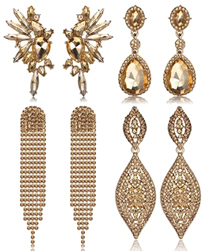 Kakonia 4 Paare Clip-On Ohrringe für Frauen Mädchen - Elegante Silber Kristall Strass Dangle Ohrringe für Hochzeit, Prom, Braut, Brautjungfer - Nicht Pierced Set von Kakonia