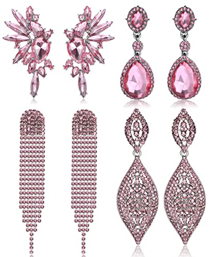 Kakonia 4 Paare Clip-On Ohrringe für Frauen Mädchen - Elegante Silber Kristall Strass Dangle Ohrringe für Hochzeit, Prom - Nicht Pierced Braut Brautjungfer Set von Kakonia