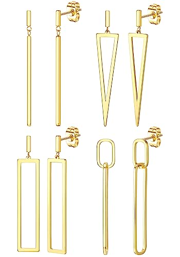 Kakonia 4 Paare Geometrische Baumeln Tropfen Anweisung Ohrringe für Frauen Teenager-Mädchen Gold Edelstahl Lange Link Rechteck Dreieck Bar Ohrringe Set Minimalistischen Schmuck von Kakonia