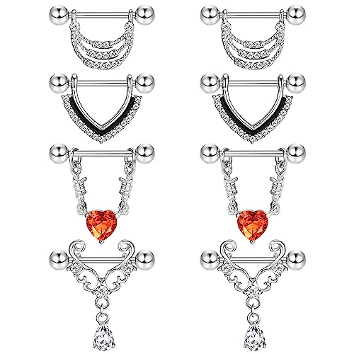 Kakonia 4Paar Nippelringe Nipplerings Nippelpiercing Für Frauen Edelstahl Rosegold Silber Herz CZ Barbell Herzform Ringe Brustwarzenpiercing Piercingschmuck Set von Kakonia