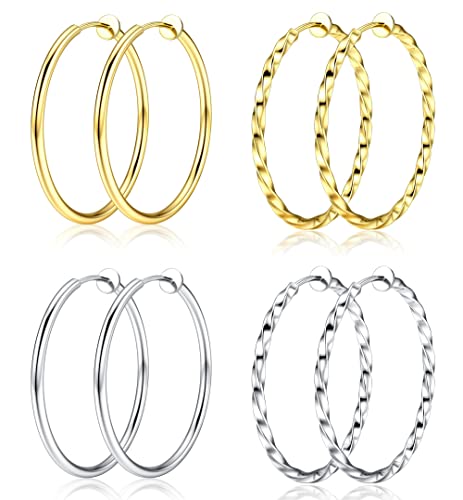 Kakonia 4 Paar Ohrclips Creolen für Damen Clips Creolen Gold Silber Groß Bicolor Non Piercing Ohrringe Ohr Knorpel Ohrpiercing Hypoallergen Schmuck Set für Damen 30/40/50/60mm von Kakonia