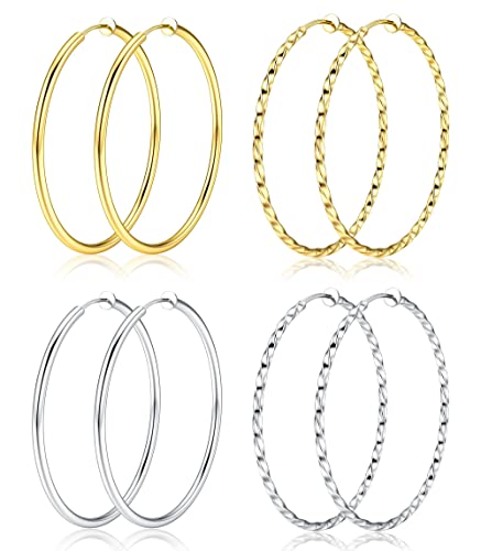 Kakonia 4 Paar Ohrclips Creolen für Damen Clips Creolen Gold Silber Groß Bicolor Non Piercing Ohrringe Ohr Knorpel Ohrpiercing Hypoallergen Schmuck Set für Damen 30/40/50/60mm von Kakonia