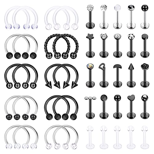 Kakonia 45stk 16G 𝐋𝐚𝐛𝐫𝐞𝐭 𝐏𝐢𝐞𝐫𝐜𝐢𝐧𝐠 Edelstahl Hufeisen Nase Septum Piercing Lippe Helix Rook Piercing Ashley Tragus Piercing Medusa Augenbraue Lippenpiercing für Damen Piercing Set Schwarz von Kakonia