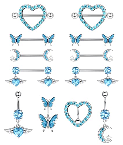 Kakonia 4Paar Nippelpiercing und 4Stk Bauchnabelpiercing Set for Damen Frauen 316L Edelstahl Blume Schmetterling Mond Herz Langhantel Nippelringe Fashion Körperschmuck von Kakonia