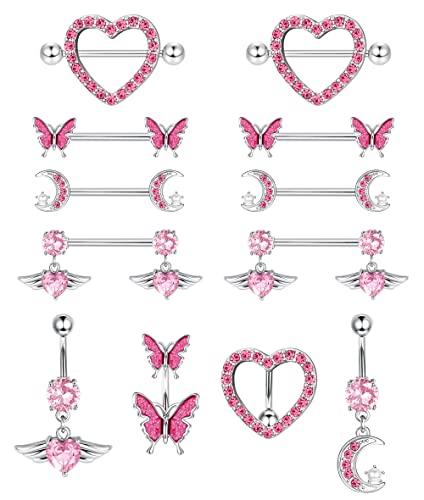 Kakonia 4Paar Nippelpiercing und 4Stk Bauchnabelpiercing Set for Damen Frauen 316L Edelstahl Blume Schmetterling Mond Herz Langhantel Nippelringe Fashion Körperschmuck von Kakonia
