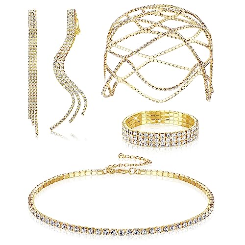 Kakonia 4Stück Strass Schmuck Set für Damen Kopfschmuck Silber Kopfkette Vintage Halskette Armband Lange Quaste Ohrringe Braut Ohrringe Hochzeit Schmuck von Kakonia