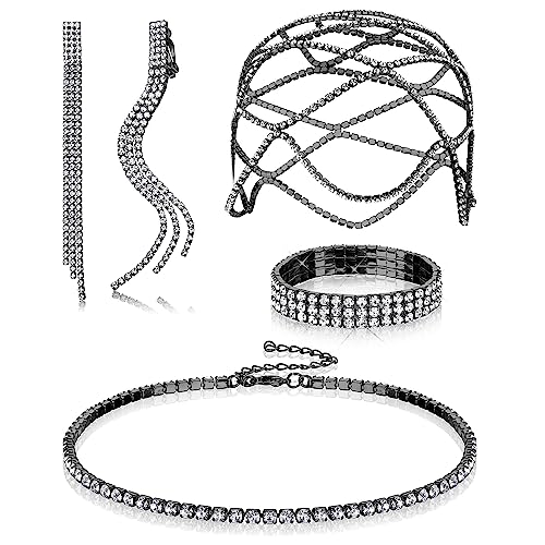 Kakonia 4Stück Strass Schmuck Set für Damen Kopfschmuck Silber Kopfkette Vintage Halskette Armband Lange Quaste Ohrringe Braut Ohrringe Hochzeit Schmuck von Kakonia