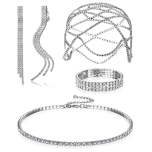 Kakonia 4Stück Strass Schmuck Set für Damen Kopfschmuck Silber Kopfkette Vintage Halskette Armband Lange Quaste Ohrringe Braut Ohrringe Hochzeit Schmuck von Kakonia