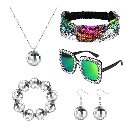 Kakonia 5-teiliges 70er-Jahre-Disco-Zubehör für Frauen, Disco-Kugel, Ohrringe, Halskette, Armband, Disco-Zubehör, Silber-Set, buntes Bling-Stirnband und Sonnenbrillen-Schmuck-Set von Kakonia