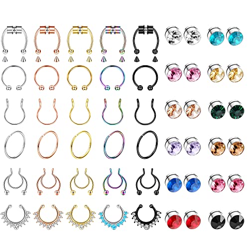 Kakonia 54 Stück Fake Nasenringe für Frauen Männer Magnetische Septum Nasenring Ohrstecker Reifen Nasenpiercing Septum Schmuck Edelstahl Faux Non-Pierced Nasenring Nasenmanschetten Piercing Schmuck von Kakonia