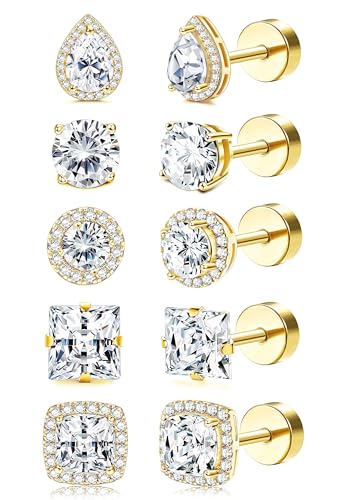 Kakonia 5Paar Ohrstecker Gold Silber Damen Ohrringe Medizinische Ohrstecker Set Klein Edelstahl Nickelfreie Ohrringe Nickelfrei Goldene Ohrstecker Ohrring Silber Chirurgenstahl Set Damen Männer Heren von Kakonia