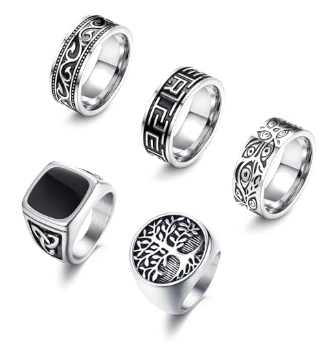 Kakonia 5Pcs Edelstahl Ringe für Männer Griechisch Signet Daumen Silber Retro Carving Celtic Band Ringe Vintage Biker Band Ringe Set 62 (19.7) von Kakonia