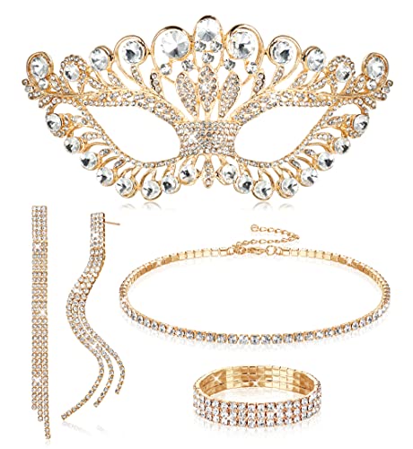 Kakonia 5stk Strass Kristall Schmuck Set für Frauen Maskerade Maske Strass Halsband Halskette Armbänder Ohrringe Set Brautschmuck von Kakonia