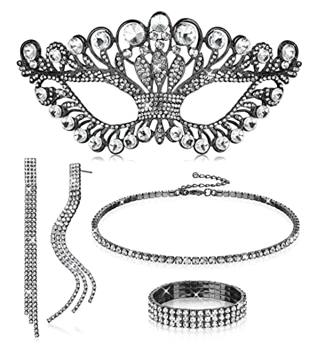 Kakonia 5stk Strass Kristall Schmuck Set für Frauen Maskerade Maske Strass Halsband Halskette Armbänder Ohrringe Set Brautschmuck von Kakonia