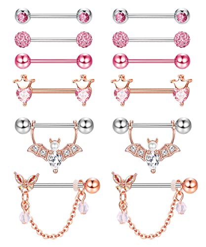 Kakonia 6 Paar 14G Nippelpiercing für Damen 316L Edelstahl Herz Schmetterling Mond CZ Blume Langhantel Brustwarzenpiercing Set Süße Nipple Piercing von Kakonia
