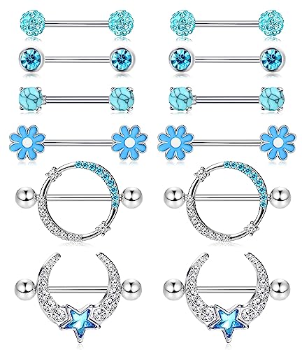 Kakonia 6 Paare 14G Nipplepiercing für Frauen 316L Edelstahl Herz Schmetterling Mond CZ Blume Barbell Nippel Ringe Set niedlich Brustwarzenpiercing-Schmuck von Kakonia