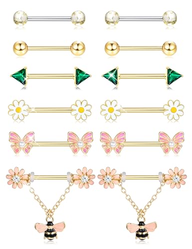 Kakonia 6 Paare 14G Nippelpiercing für Frauen 316L Edelstahl Herz Schmetterling Mond CZ Blume Barbell Nippel Ringe Set niedlich Brustwarzenpiercing-Schmuck von Kakonia