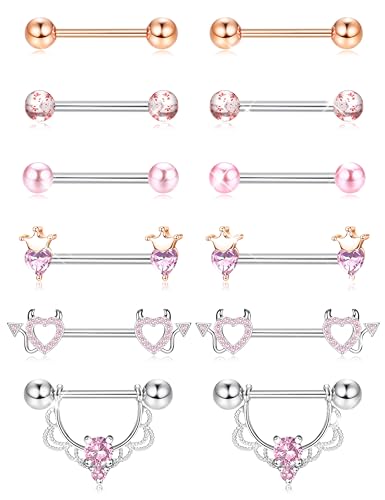 Kakonia 6 Paare 14G Nippelpiercing für Frauen 316L Edelstahl Herz Schmetterling Mond CZ Blume Barbell Nippel Ringe Set niedlich Brustwarzenpiercing-Schmuck von Kakonia