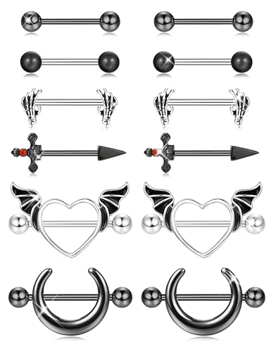 Kakonia 6 Paare 14G Nippelpiercing für Frauen 316L Edelstahl Herz Schmetterling Mond CZ Blume Barbell Nippel Ringe Set niedlich Brustwarzenpiercing-Schmuck von Kakonia