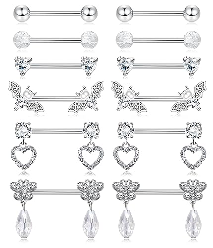 Kakonia 6 Paare 14G Nippelpiercing für Frauen 316L Edelstahl Herz Schmetterling Mond CZ Blume Barbell Nippel Ringe Set niedlich Brustwarzenpiercing-Schmuck von Kakonia