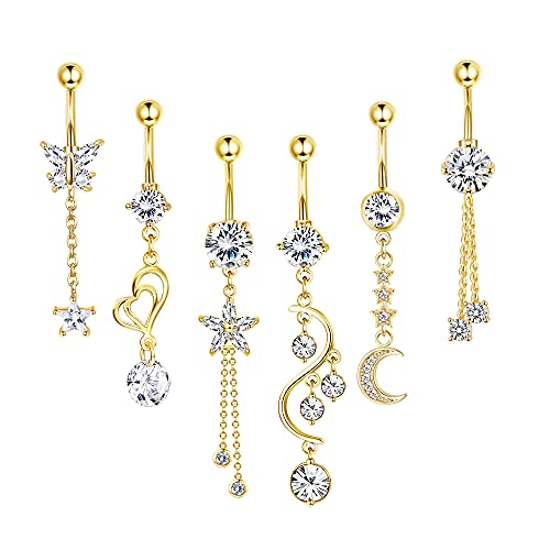 Kakonia 6stk 14G Bauchnabelpiercing Chirurgenstahl für Damen, Piercing Bauchnabel CZ Nabelpiercing Gold Bauchpiercing Hängend Bauchnabelpiercing Set von Kakonia