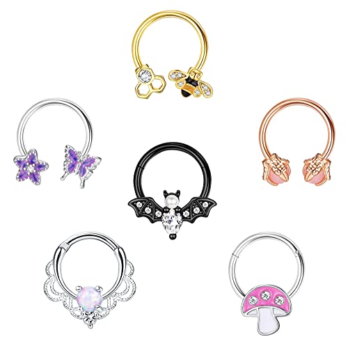 Kakonia 6 Stück 16G Septum Ring Piercing für Damen Silber Gold Chirurgenstahl Edelstahl Septum Ringe Nasenpiercing Ring Hängend Zirkonia Schmetterling Daith knorpel Creolen für Damen von Kakonia