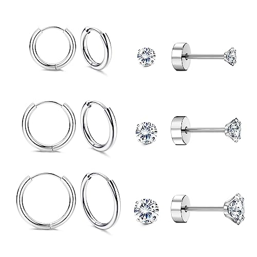 Kakonia 6Paar Creolen Ohrstecker Silber für Damen Titan Ohr Ohrring Tiny Huggies Stud Earrings Silver Mehrere Piercing hypoallergene Zirkonia Knorpel Tragus Helix Ohrringe Zum Schlafen Set von Kakonia