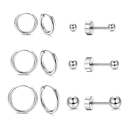 Kakonia 6Paar Creolen Ohrstecker Silber für Damen Titan Ohr Ohrring Tiny Huggies Stud Earrings Silver Mehrere Piercing hypoallergene Zirkonia Knorpel Tragus Helix Ohrringe Zum Schlafen Set von Kakonia