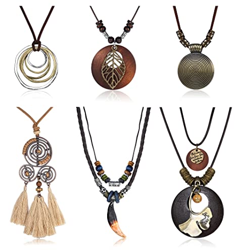 Kakonia 6 Stück Lange Anhänger Halsketten für Frauen Boho Vintage Holz Feder Y Halskette Set Aussage Halskette Eleganten Schmuck Zubehör von Kakonia