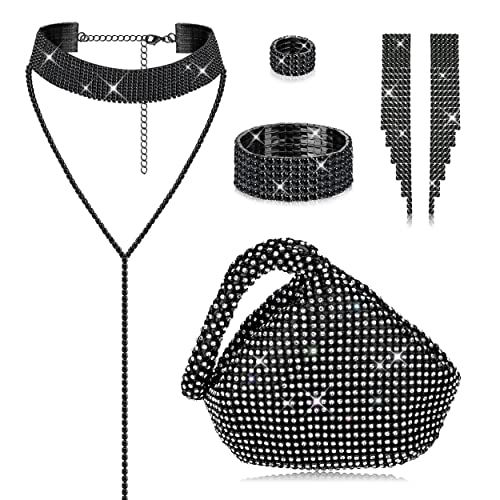 Kakonia 6 teiliges Damen-Kristall-Schmuck-Set, Strass-Halskette, Stretch-Armreif, Ring, Fransen, Ohrringe, Dreieck, Glitzer, Bling, Geldbörse für Braut, Hochzeit, Party von Kakonia