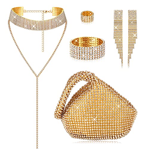 Kakonia 6 teiliges Damen-Kristall-Schmuck-Set, Strass-Halskette, Stretch-Armreif, Ring, Fransen, Ohrringe, Dreieck, Glitzer, Bling, Geldbörse für Braut, Hochzeit, Party von Kakonia