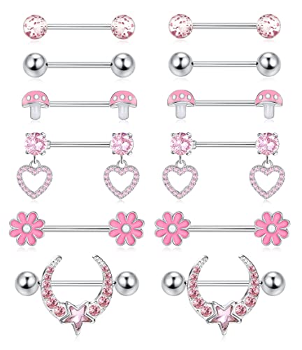 Kakonia 6Paar 14G Nippelringe für Frauen Damen 316L Edelstahl Blume Herz Pilz CZ Pink/Weiß Langhantel Nippelringe Set Fashion Nippelring Piercingschmuck von Kakonia
