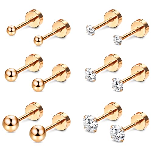 Kakonia 6Paar Ohrstecker für Damen Heren Titan Chirurgenstahl Piercing Ohr Silber Gold Rosegold Schwarz Tiny Stud Earrings Mehrere Piercing Hypoallergene Zirkonia Knorpel Tragus Helix Set von Kakonia