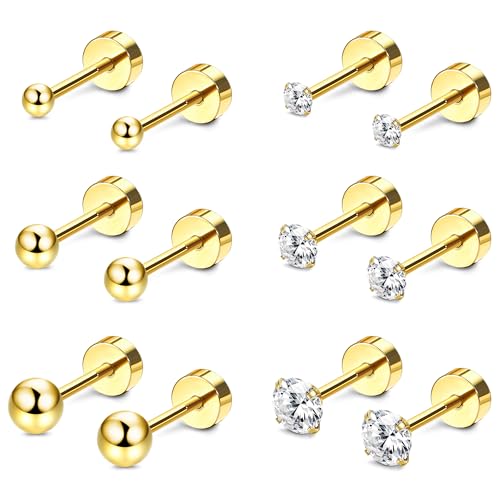 Kakonia 6Paar Ohrstecker für Damen Heren Titan Chirurgenstahl Piercing Ohr Silber Gold Rosegold Schwarz Tiny Stud Earrings Mehrere Piercing Hypoallergene Zirkonia Knorpel Tragus Helix Set von Kakonia