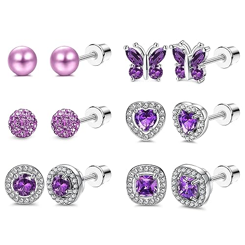 Kakonia 6Pairs Ohrstecker Ohrringe für Damen Hypoallergen 316L Edelstahl Birthstone Ohrringe Stud bunte CZ Herz Schmetterling Birthstone flache Rückseite Ohrringe Feb von Kakonia