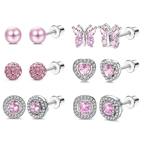 Kakonia 6Pairs Ohrstecker Ohrringe für Damen Hypoallergen 316L Edelstahl Birthstone Ohrringe Stud bunte CZ Herz Schmetterling Birthstone flache Rückseite Ohrringe Otc von Kakonia