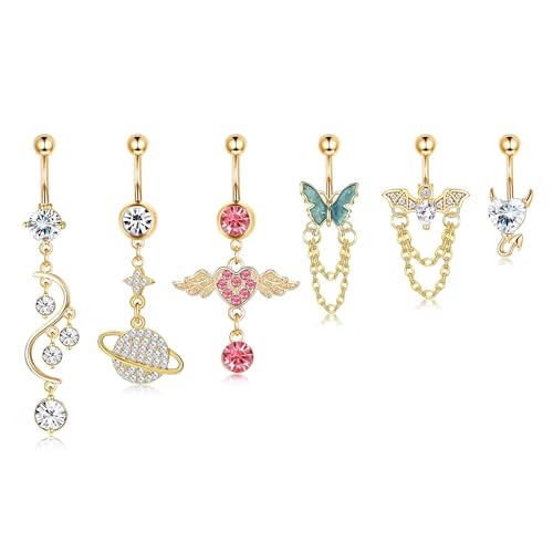 Kakonia 6stk 14G Bauchnabelpiercing für Damen Mädchen Edelstahl Bauchnabelringe Dangly Rosa CZ/Devil Herz/Schmetterling/Bat Chain Bauchnabel Piercings Schmuck Fashion Körper Piercing Schmuck von Kakonia