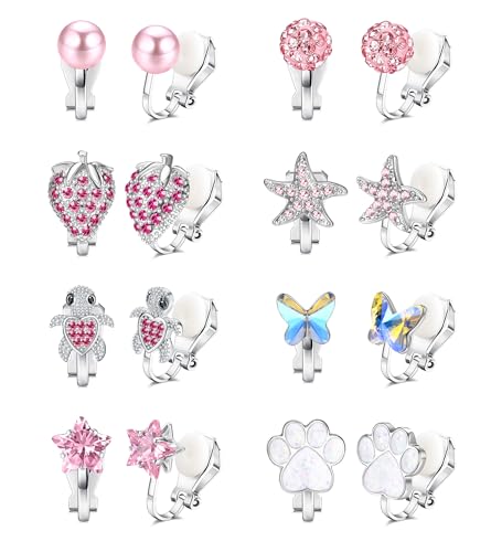 Kakonia 8-12 Paar Ohrclips für Mädchen Kinder Clip On No Piercing Ohrringe Souza Friusate Erdbeere Perle Katze Rosa Hypoallergene Ohrringe Ohrclips Schmuck für Mädchen Damen von Kakonia