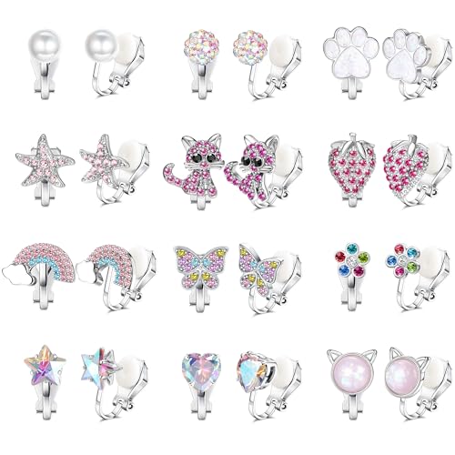 Kakonia 8-12 Paar Ohrclips für Mädchen Kinder Clip On No Piercing Ohrringe Souza Friusate Erdbeere Perle Katze Rosa Hypoallergene Ohrringe Ohrclips Schmuck für Mädchen Damen von Kakonia