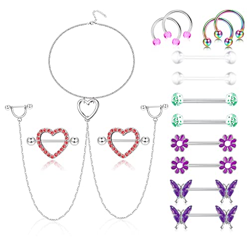 Kakonia 8 Paar 14G Nippelpiercing für Damen Chirurgenstahl Blume Schmetterling Brustwarzenpiercing mit Choker Halskette Langhantel Nippel Piercing Bunt von Kakonia