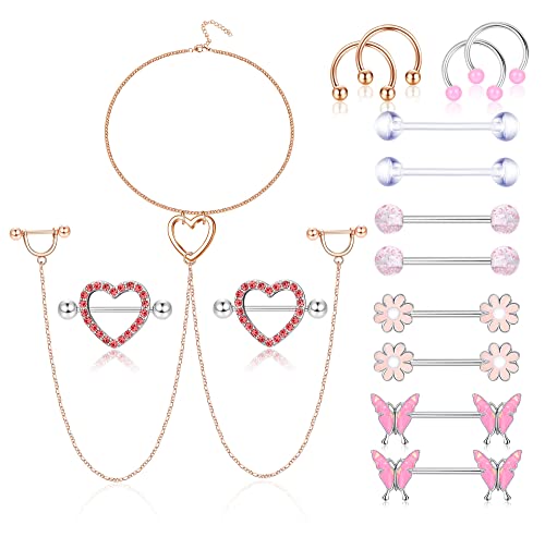 Kakonia 8 Paar 14G Nippelpiercing für Damen Chirurgenstahl Blume Schmetterling Brustwarzenpiercing mit Choker Halskette Langhantel Nippel Piercing Roségold von Kakonia