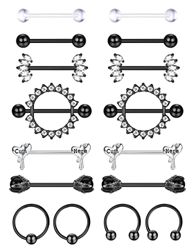 Kakonia 8Paar 14G Nippelpiercing für Damen Chirurgenstahl Schwarz Rosegold Silber Edelstah Glitzer Brustwarzenpiercing Herz Nippelringe Brustwarzen Zirkonia Set für Damen Heren von Kakonia