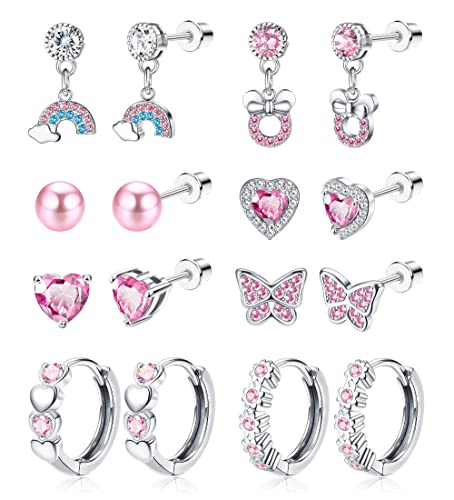Kakonia 8 Paar Mädchen Kinder Ohrringe - 316L Edelstahl Hypoallergen CZ Herz Hoop Perle Schmetterling Schraube Zurück Ohrstecker Mehrfarbig Tropfen Baumeln Set von Kakonia