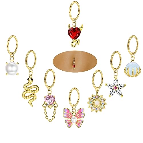 Kakonia 8 Stück Bauchnabelpiercing Ring für Damen Dangly Gold Piercing Bauchnabel Lang Kurze CZ Nabelpiercing Schmuck Belly Button Hoop Hinged Clicker Navel Bar Schmuck Damen Gold-B von Kakonia