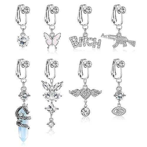 Kakonia 8 Stück Fake Bauchnabelpiercing für Damen Clip On Bauchnabelpiercing Fakes Ring Silber Chirurgenstahl Falsche Schmetterling Herz Faux Piercing Bauchnabel von Kakonia