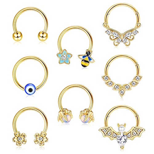 Kakonia 8 Stück Septum Piercing 316L Edelstahl 16G Nasenpiercing Ring für Damen Frauen CZ/Biene/Schmetterling Cartilage Earrings Hoop Helix Rook Daith Piercing Septum Rings Septum Schmuck von Kakonia