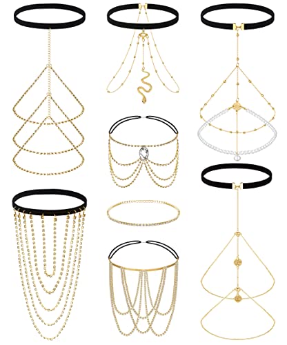 Kakonia 8Pcs Beinketten Oberschenkelkette Schmuck für Frauen Gold Schlange Kristall Boho Oberschenkelkette Geschichtet Strand Körperketten Oberschenkelschmuck für Sommerferien Rave Party von Kakonia