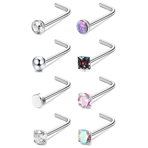 Kakonia 8stk 20G Nasenpiercing Stecker für Damen G23 Titan Nasenstecker L Form Nostril Piercing Schmuck Klein Bunt Cubic Zirconia Piercing Nase Stecker von Kakonia