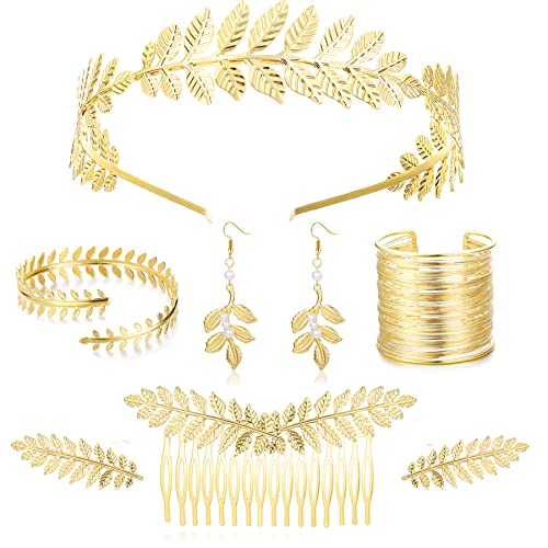 Kakonia 8stk Griechisches Göttinnen Kostüm Zubehör Set für Frauen, Gold Griechisches Göttinnen Zubehör Set Blatt Stirnband Spulenarmband Blatt Ohrringe Gold von Kakonia